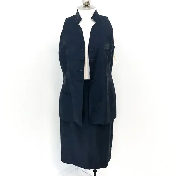 Dior 10P Metallic Floral Formal Skirt Suit Navy Petite - Picture 14 of 15